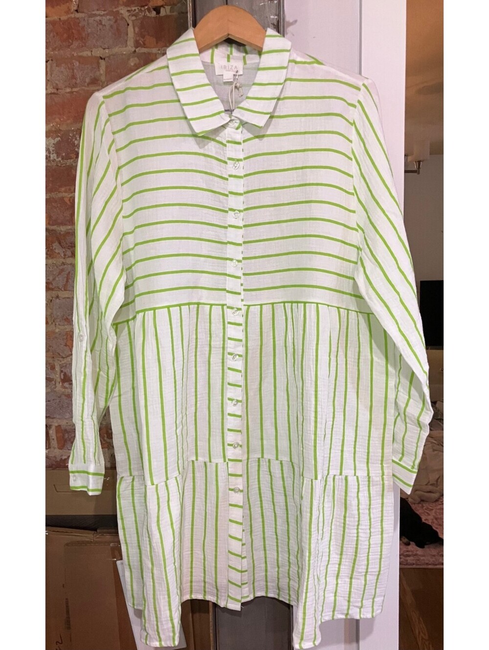 Ibiza Anne Cole Striped Shirt Dress Cover Up White Green Button Long Sleeve XL